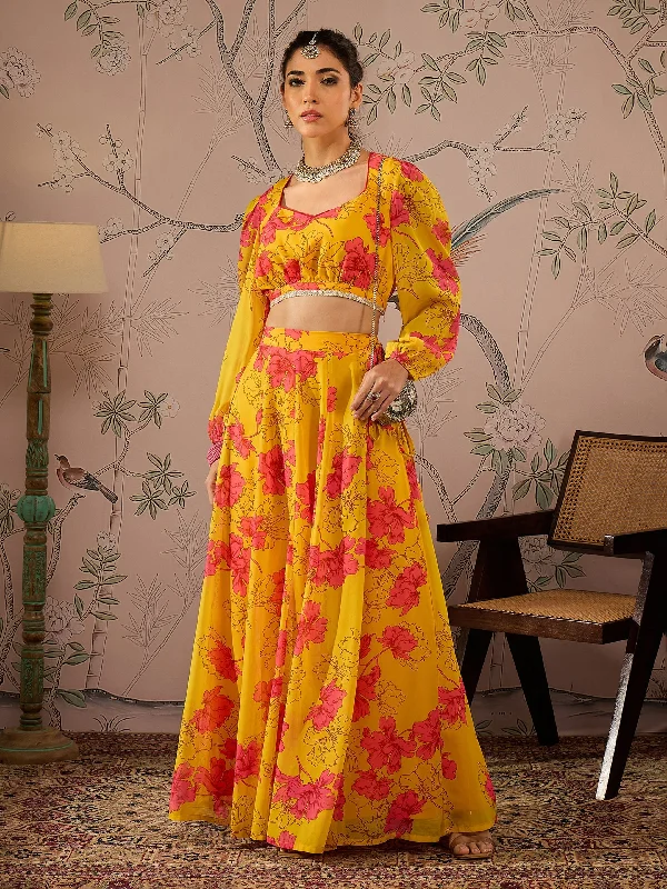 Women Yellow Floral Sweetheart Neck Crop Top With Anarkali Skirt Elasticated Padded Insulated