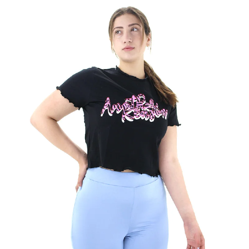 Women's Graphic Print Crop Top,Black Iron Safe Non-Iron Wrinkle Free