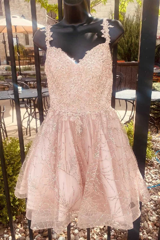 Pink Appliques V-Neck A-Line Short Party Dress  gh1411 Tunics Office stylish