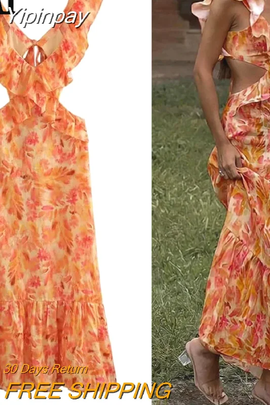 Yipinpay 2023 Print Ruffle Dress Woman Ruched Backless Long Dress Women Beach Holiday Summer Dresses Sleeveless Sexy Party Dresses Tunics New arrival Yipinpay 2023 Print Ruffle Dress Woman Ruched Backless Long Dress Women Beach Holiday Summer Dresses Sleeveless Sexy Party Dresses Tunics New arrival