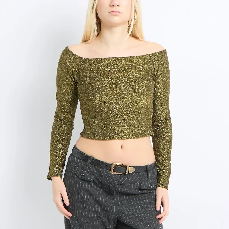 Off The Shoulder Sparkly Crop Top - UK 8 Satin Fabric Silk Fabric Chiffon Fabric
