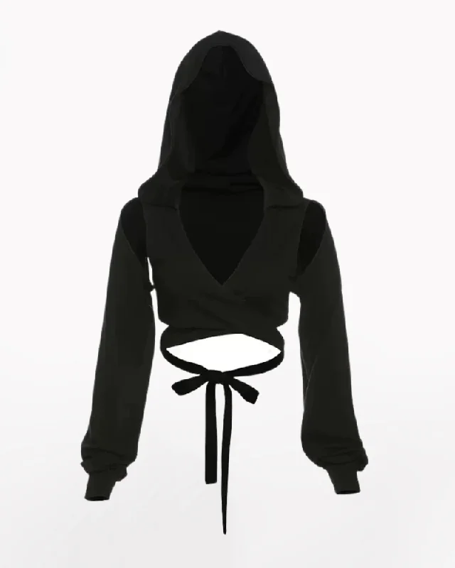 Darkwear Cross Tie Hood Blouse Crop Top Summer Crop Top Casual Short Sleeve