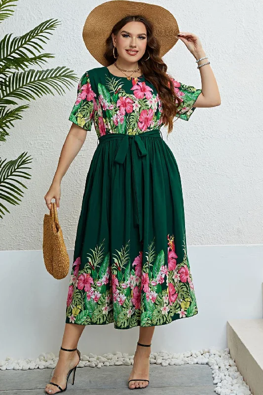 Floral Tie-Waist Round Neck Dress Tunics Denim casual