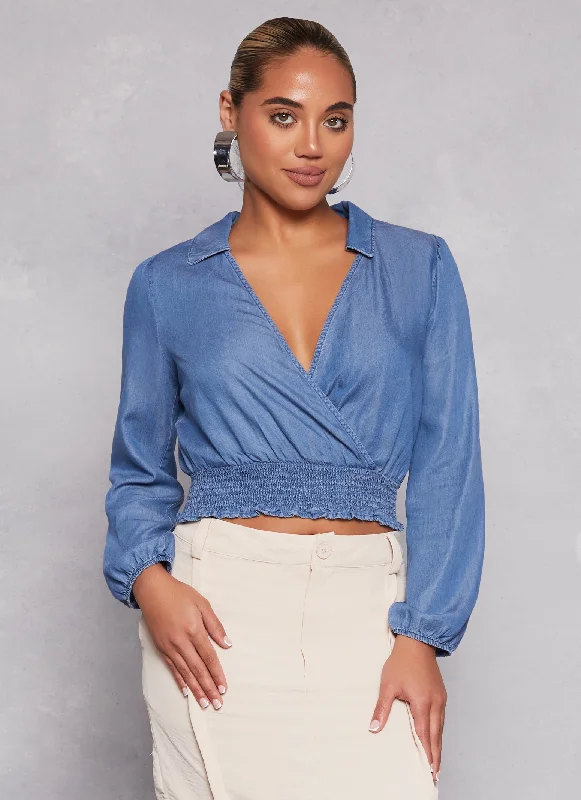 Chambray Faux Wrap Crop Top Beaded Sequined Faux Fur