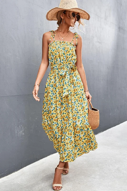 Floral Tie-Shoulder Belted Dress Tunics Stylish modern