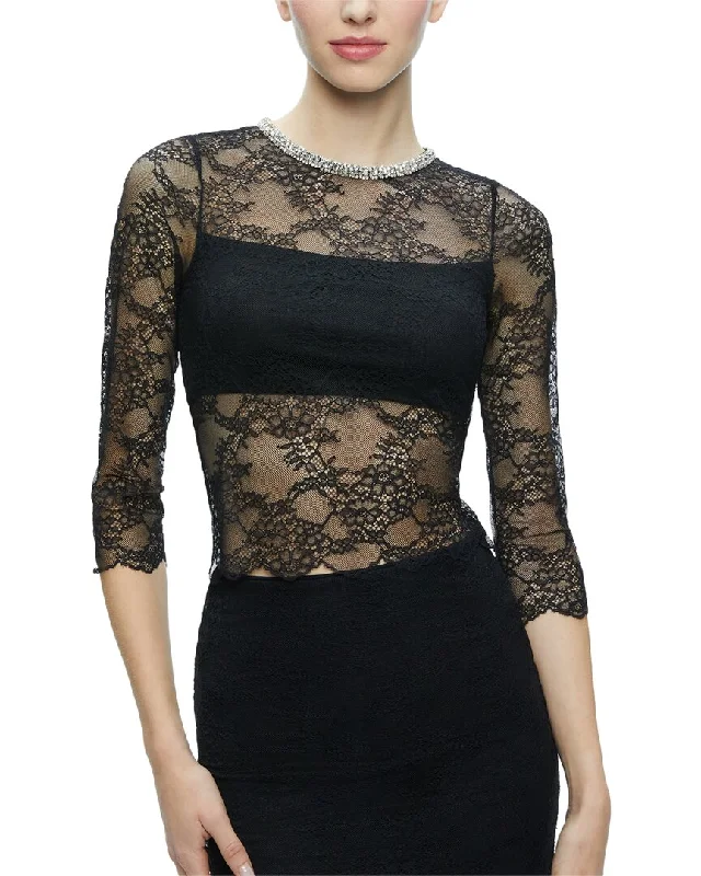 Alice + Olivia Vanita Embellished Neck Lace Crop Top Front Pockets Side Pockets Patch Pockets