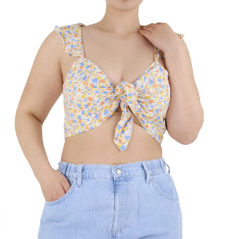 Women's Tie Front Floral Crop Top,Multi Polka Dot Checkered Tartan
