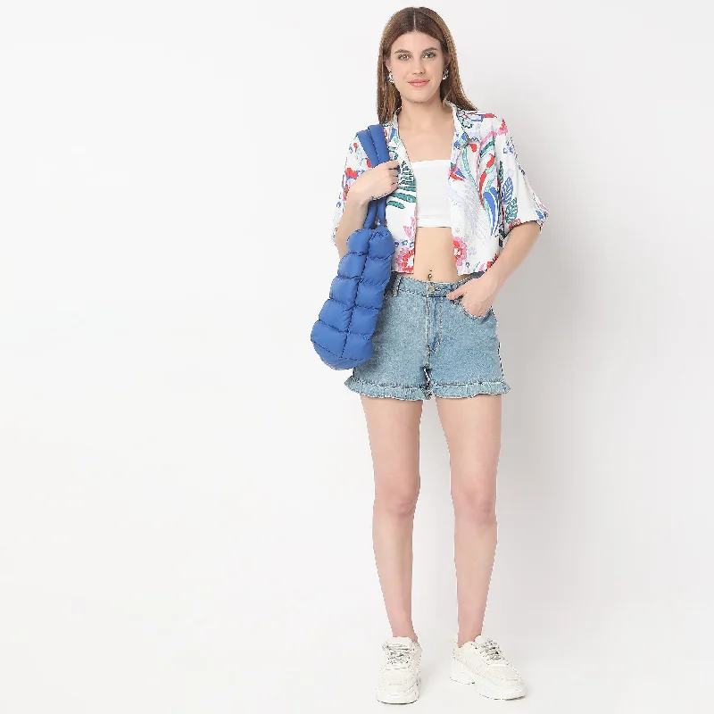 Regular Fit Printed Crop Top Collared Crew Neck Turtle Neck