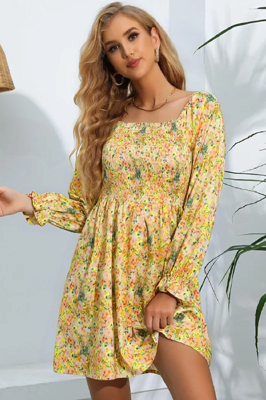 Floral Smocked Square Neck Dress Tunics Stylish elegant