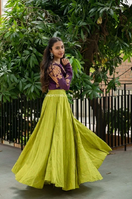 Purple Floral Crop Top and Lime Green Dupion Silk Skirt Front Pockets Side Pockets Patch Pockets