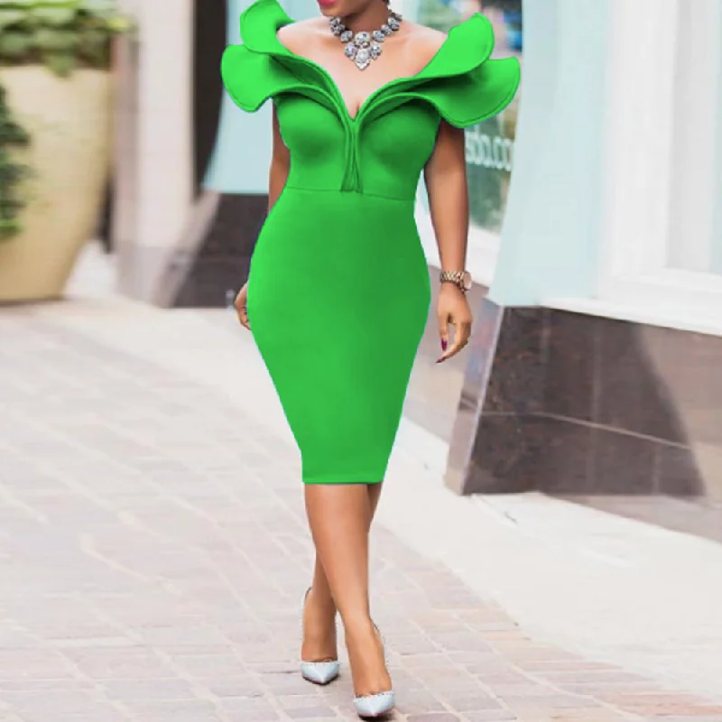 Green V Neck Ruffled High Waist Party Dresses Tunics Timeless classic