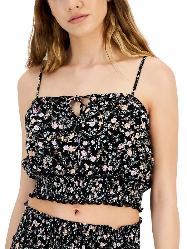 Women's Floral Printed Crop Top,Black Mesh Canvas Denim
