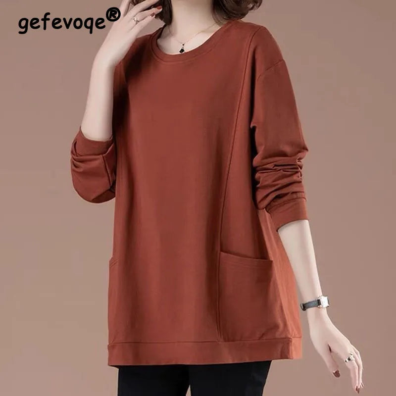 Loose O-Neck Bright Line Printing Basic Thick Middle Aged Mother Clothing Cotton Two Pockets Multiple Colors Sweatshirts Casual. Hoodie with Hem Embroidery Detailed Premium Loose O-Neck Bright Line Printing Basic Thick Middle Aged Mother Clothing Cotton Two Pockets Multiple Colors Sweatshirts Casual. Hoodie with Hem Embroidery Detailed Premium