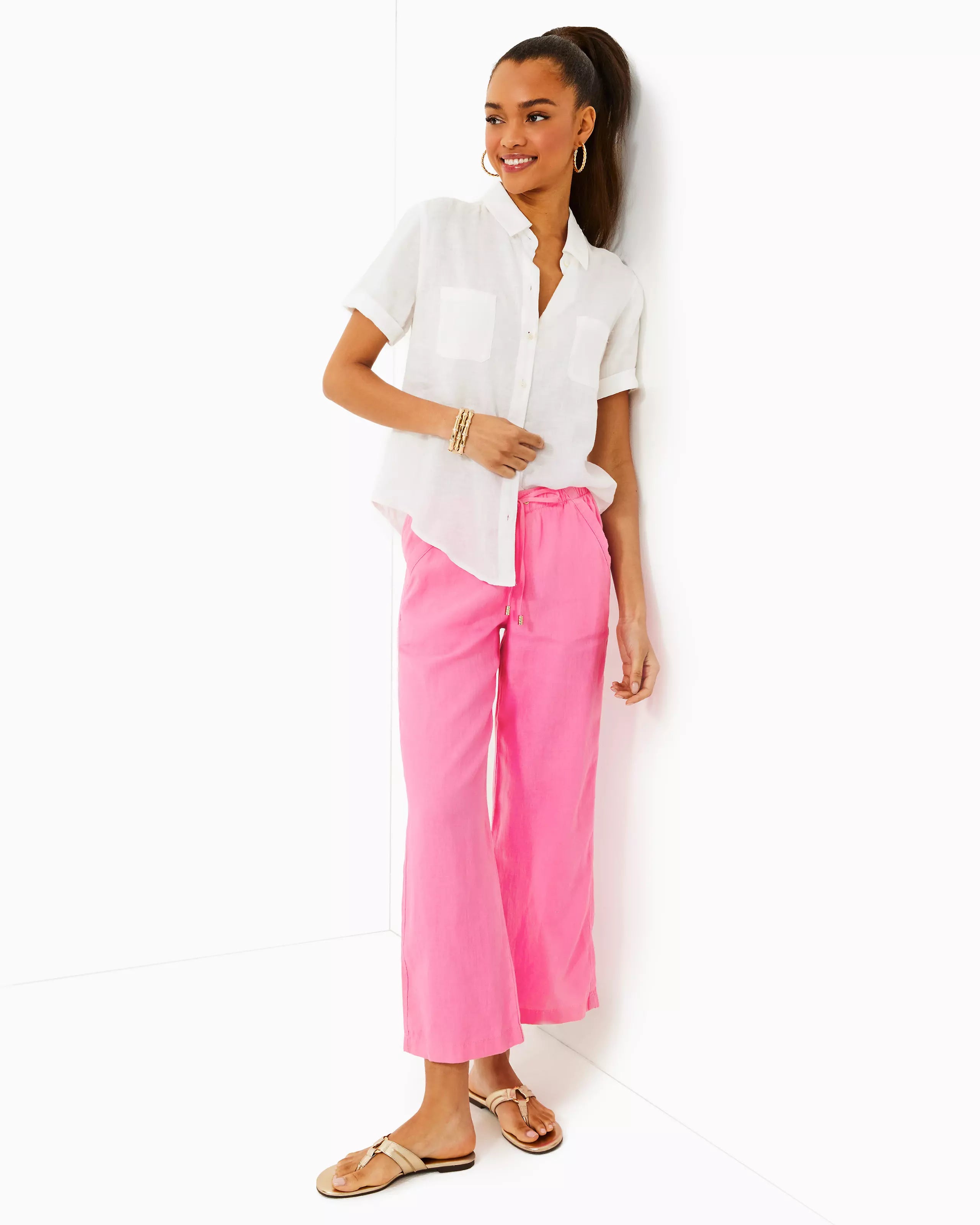 Lilly Pulitzer27" Brawley Linen Crop Pant Confetti Pink Relaxed Fit Trousers