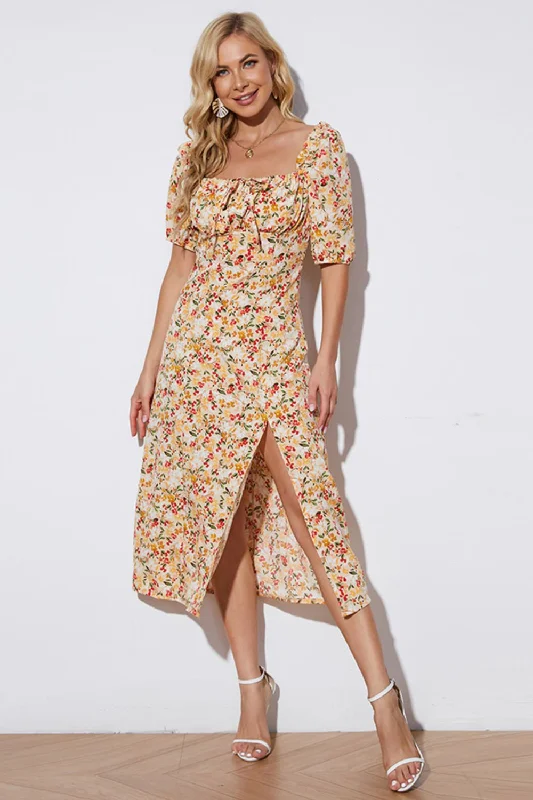 Floral Tied Square Neck Split Dress Tunics Yoga stretchy