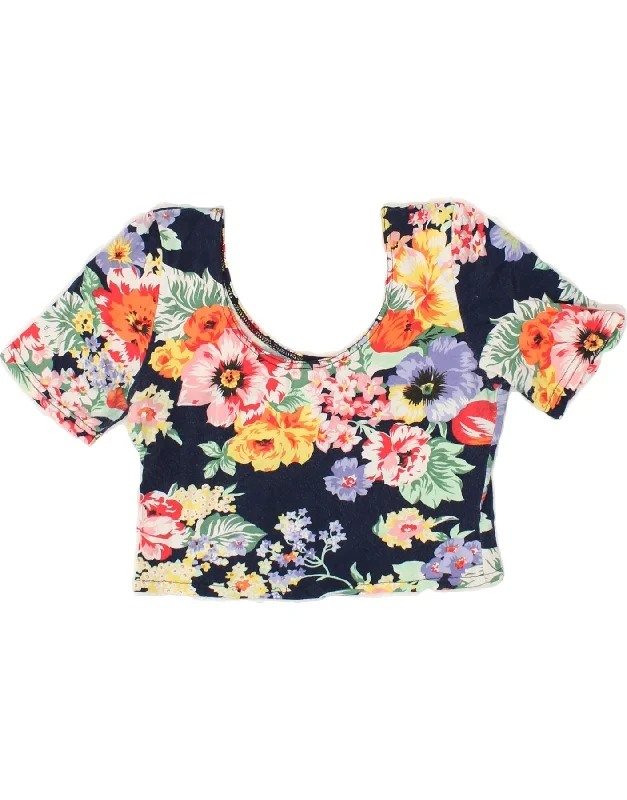 VINTAGE Womens Crop Top UK 2 2XS Navy Blue Floral Plaid Crop Top Polka Dot Checkered VINTAGE Womens Crop Top UK 2 2XS Navy Blue Floral Plaid Crop Top Polka Dot Checkered