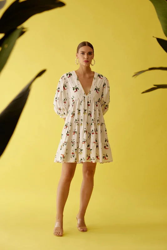 Off-White Hand Painted Chilli Print Bubble Sleeve Tier Dress Tunics Silk luxurious