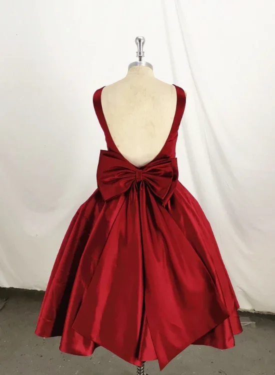 Dark Red Satin Backless Vintage Style Party Dress With Bow, High Quality Handmade Dress gh509 Square Neckline Feminine Dark Red Satin Backless Vintage Style Party Dress With Bow, High Quality Handmade Dress gh509 Square Neckline Feminine