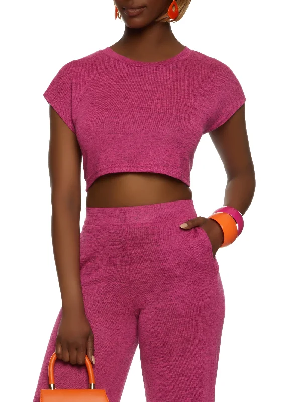 Daisy Brushed Knit Short Sleeve Crop Top Mesh Fabric Canvas Fabric Denim Fabric