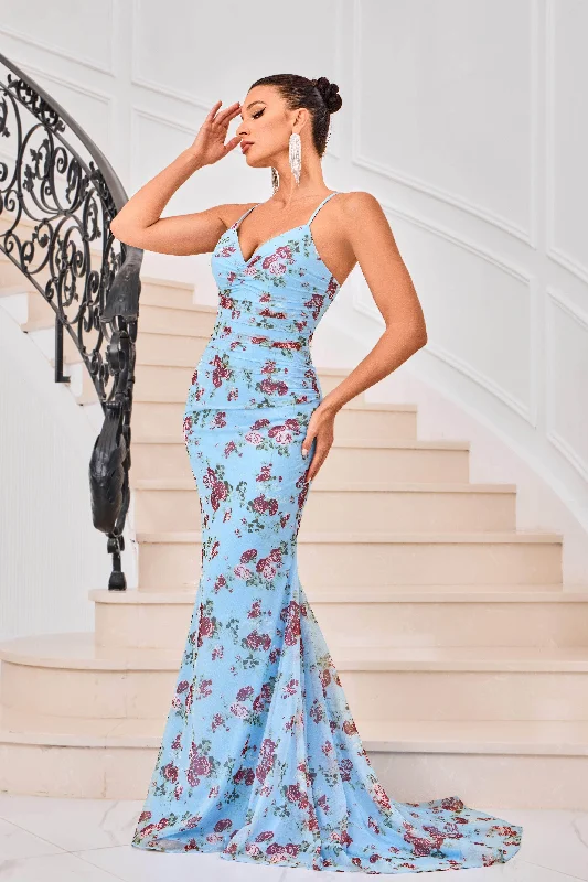 J'Adore Dresses J24039 - Ruched Floral Evening Gown Tunics Short Trendy