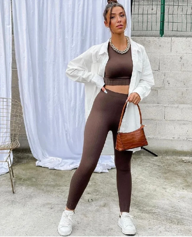 Brown ribbed leggings and sleeveless crop top Terry Blend Velvet Blend Canvas Blend