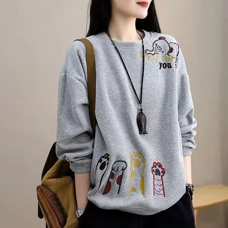 Vintage Sping Autumn New Women's O-Neck Letter Embroidered Korean Fashion Casual All-match Long Sleeve Loose Sweatshirts Tops. Zip Hoodie Drawstring Kangaroo Pocket