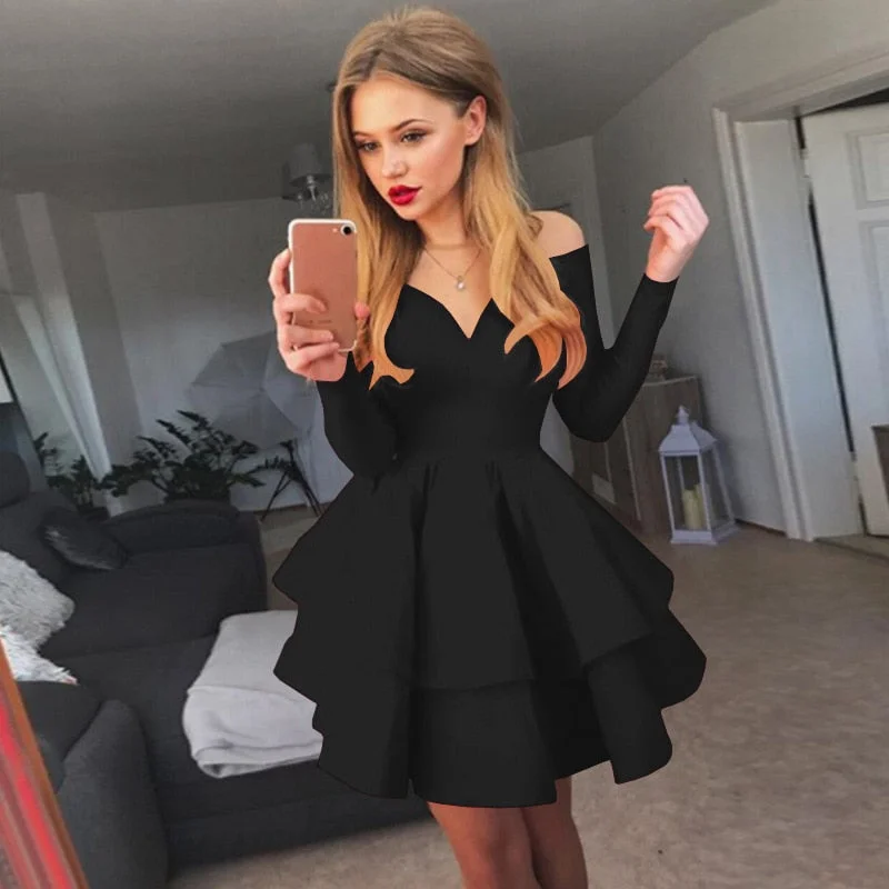 New arrival short dress off the shoulder long sleeves V-neck evening prom party dresses Vestido de Festa Robe De Soiree Tunics Top rated New arrival short dress off the shoulder long sleeves V-neck evening prom party dresses Vestido de Festa Robe De Soiree Tunics Top rated