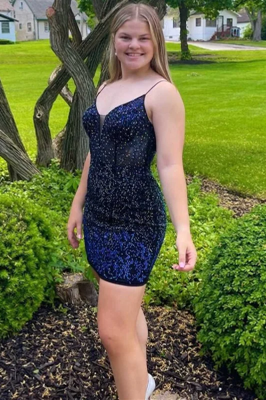Dark Blue Beaded Spaghetti Straps Bodycon Mini Party Dress gh1367 Tunics Prom sequined Dark Blue Beaded Spaghetti Straps Bodycon Mini Party Dress gh1367 Tunics Prom sequined