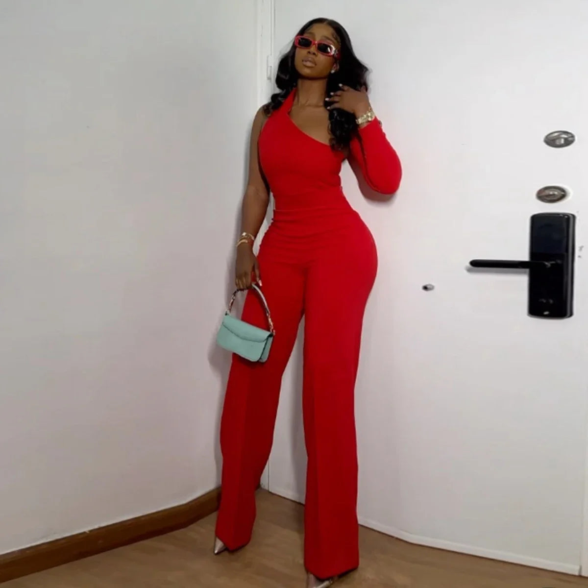 FZ Women's One Shoulder Irregular Wide Leg Two Piece Pant Suit Cozy Lounge Pants