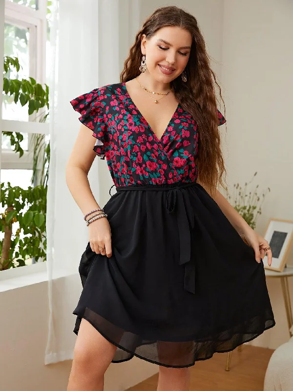 Plus Size Floral Surplice Neck Flutter Sleeve Dress Tunics Seasonal trendy