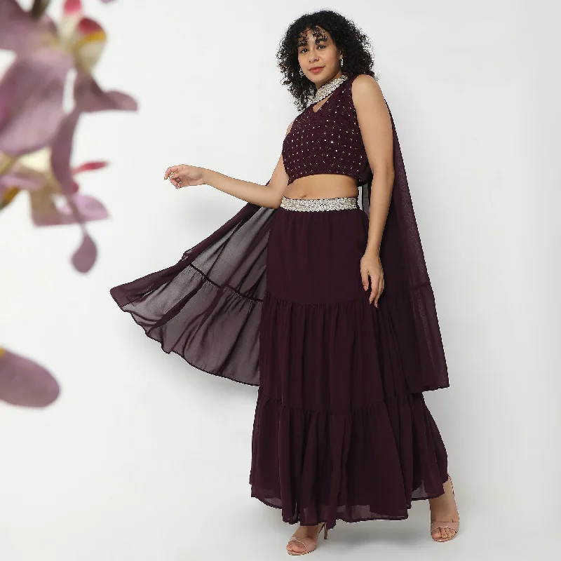 Flare Fit Embellished Ethnic Crop Top Skirt Set with  Dupatta Houndstooth Herringbone Solid