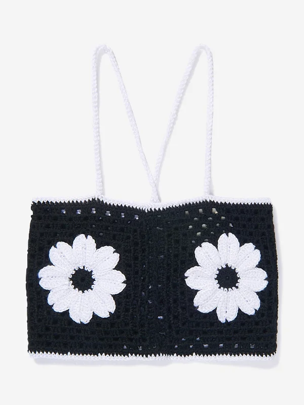 Nessi Byrd Girls Crochet Flower Elvira Crop Top in Black Hooded Caped Shawl Collar