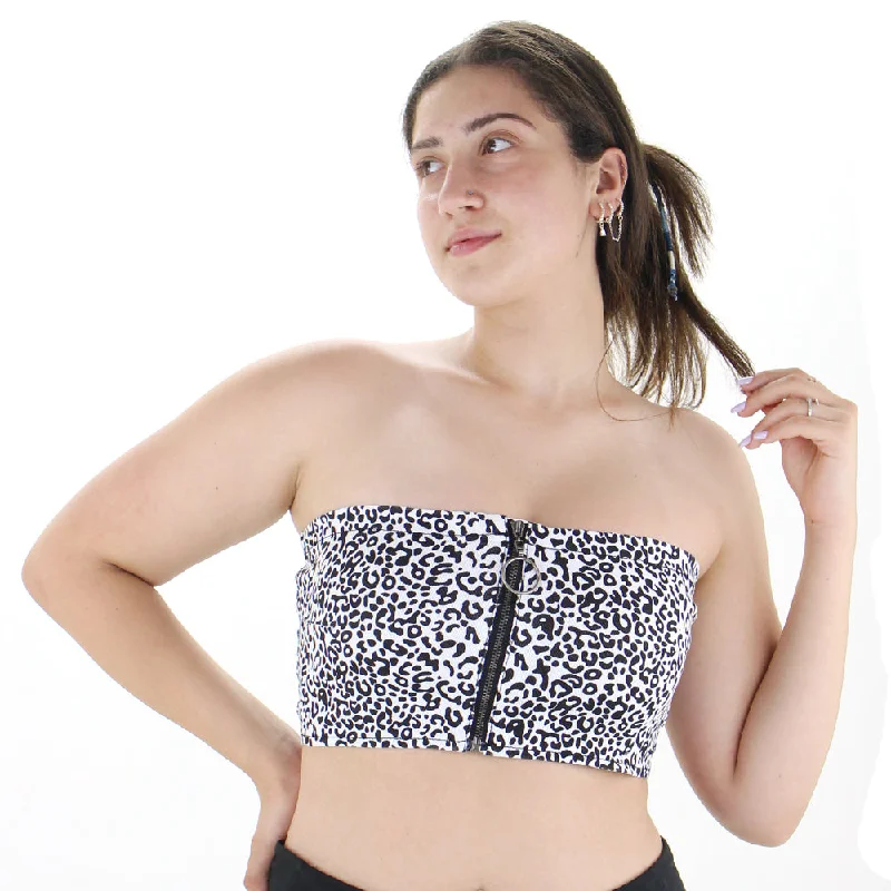 Women's Leopard Zip Front Crop Top,White/Black Machine Wash Dry Clean Hand Wash
