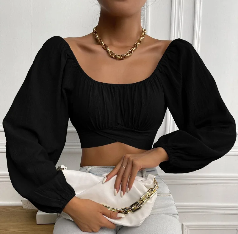Ruched Crop Top w/ Lantern Sleeves Chenille Brocade Lace