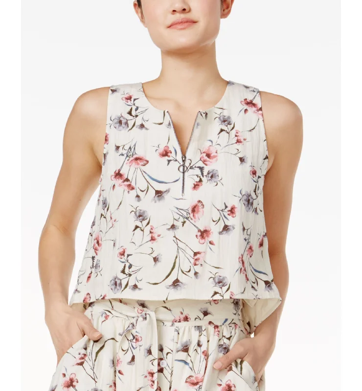 J.O.A. Front Zip Floral Print Crop Top Wool Fabric Cashmere Fabric Tweed Fabric