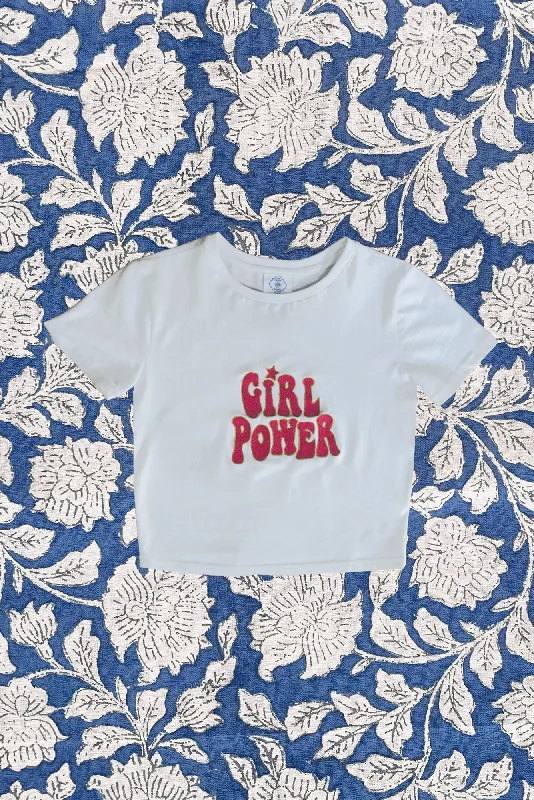 Girl Power Embroidered Crop Top Front Pockets Side Pockets Patch Pockets