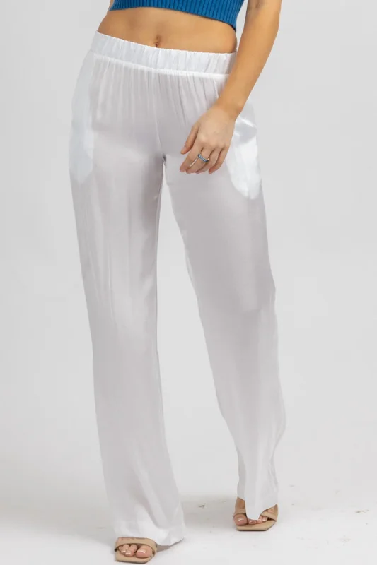 Satin Wide Leg Pant In Off White Cozy Fitted Pants