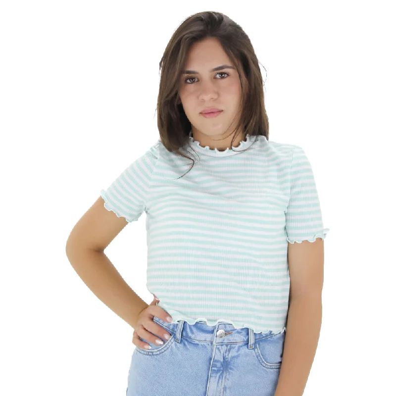 Women's Striped Crop Top,Green/White Mesh Blend Leather Blend Suede Blend