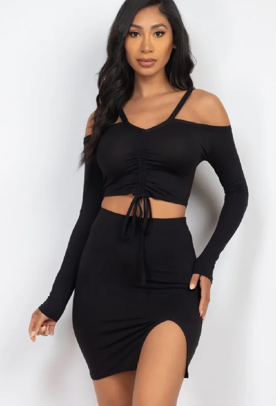 Crop Top & Side Slit Mini Skirt Set Capella 3452 Zippered Front Buttoned Front Snap Front