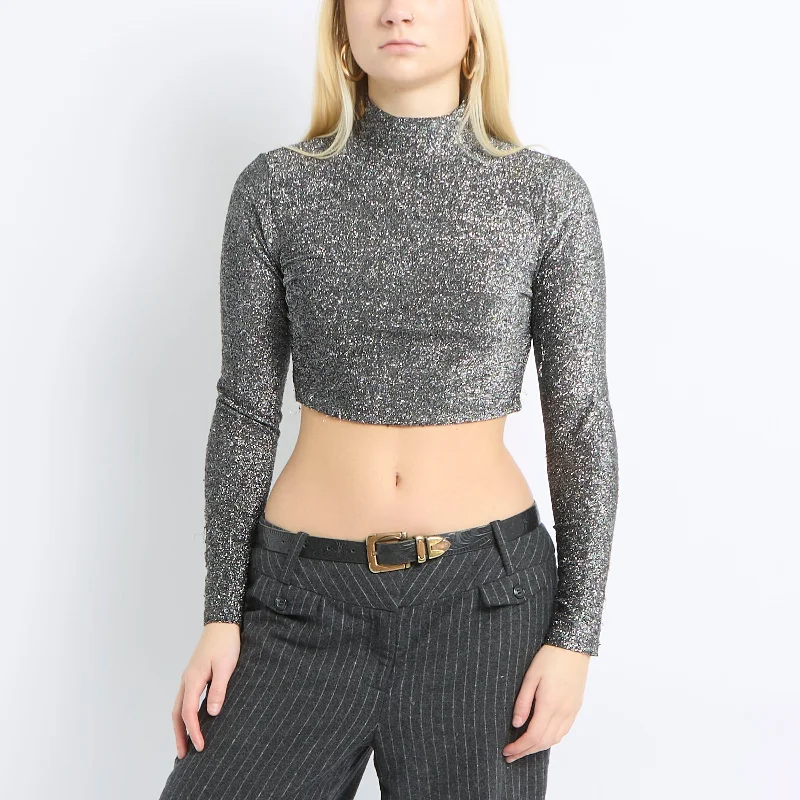 Sparkly Polo Neck Crop Top  - UK 6 Faux Fur Fabric Real Fur Fabric Shearling Fabric