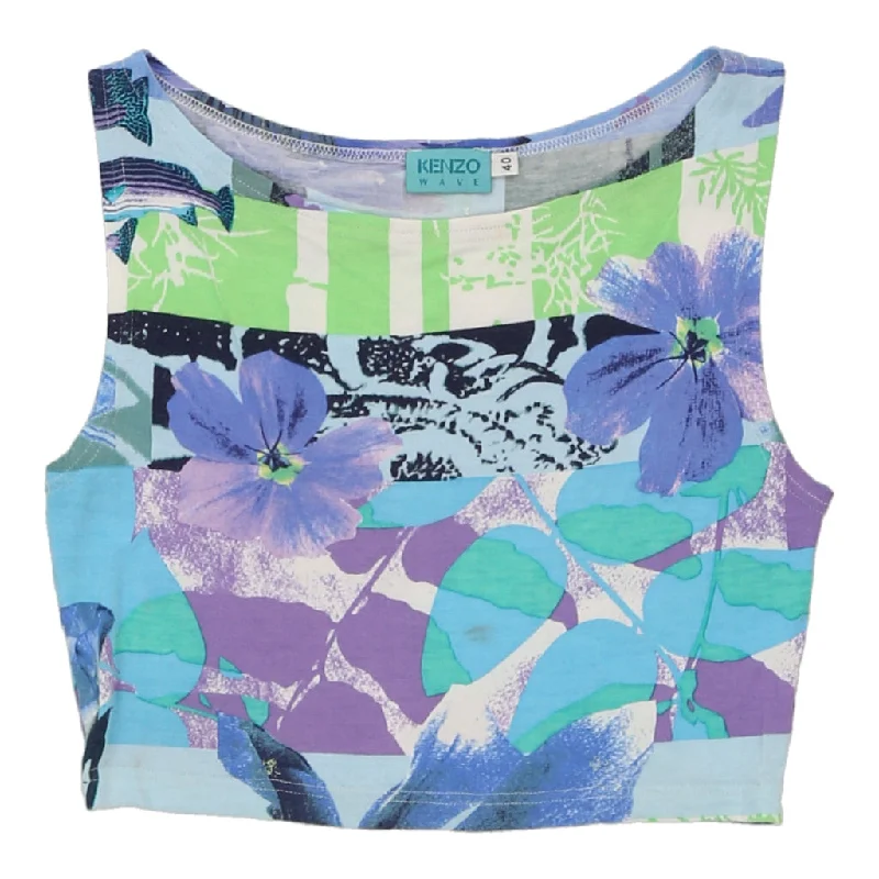 Wave Kenzo Floral Crop Top - Small Blue Viscose Blend Print Jacquard Patchwork