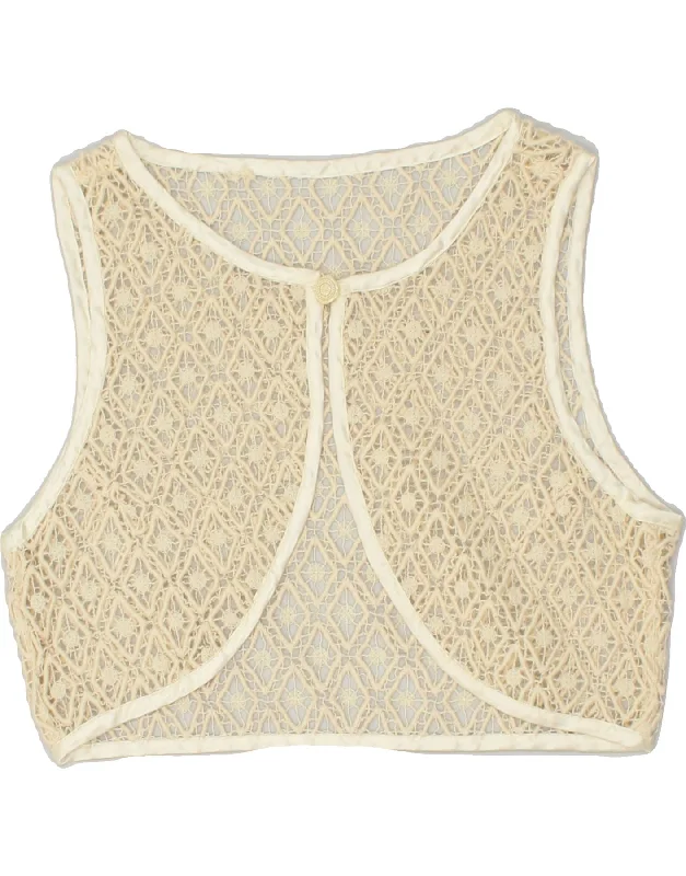 VINTAGE Womens Sleeveless Crochet Crop Top UK 12 Medium Beige Mesh Fabric Canvas Fabric Denim Fabric