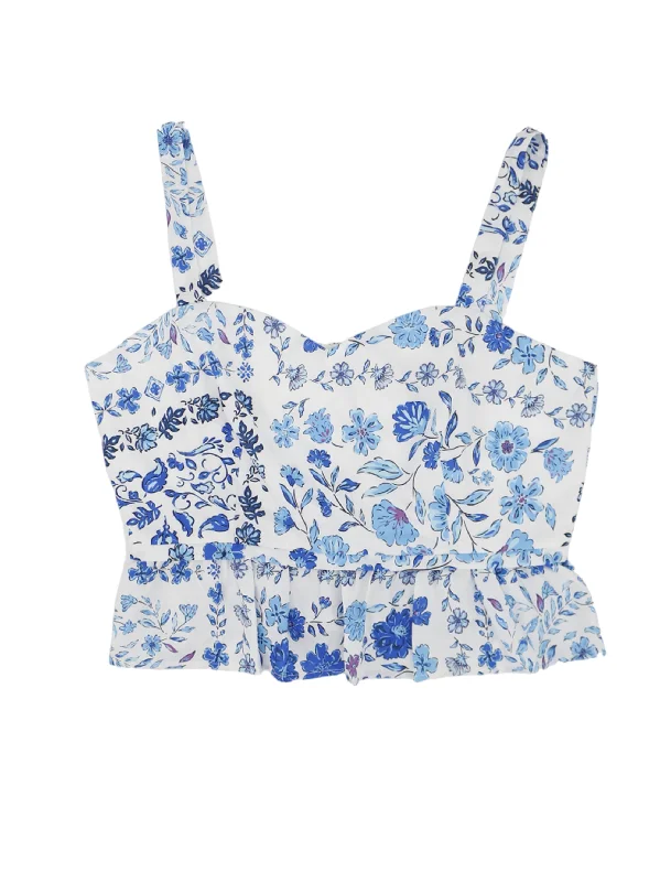 Women's Floral Printed Crop Top,Blue/White Zippered Buttoned Snapped