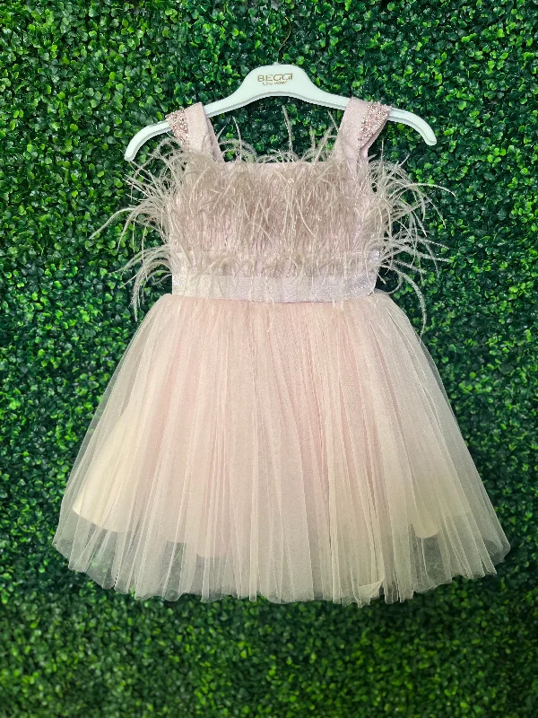 Girls’ Mauve Marabou Special Occasion Dress - 4414 Cowl Neckline Elegant