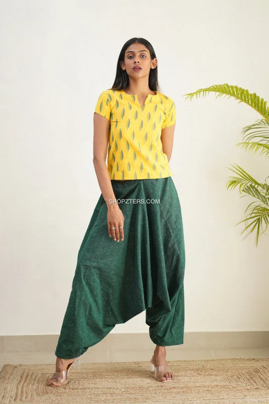 Yellow and Green Ikat Crop Top With Low Crotch Pants Hooded Caped Shawl Collar