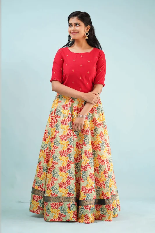 Red Dupion Crop Top With Floral Skirt Satin Blend Silk Blend Wool Blend