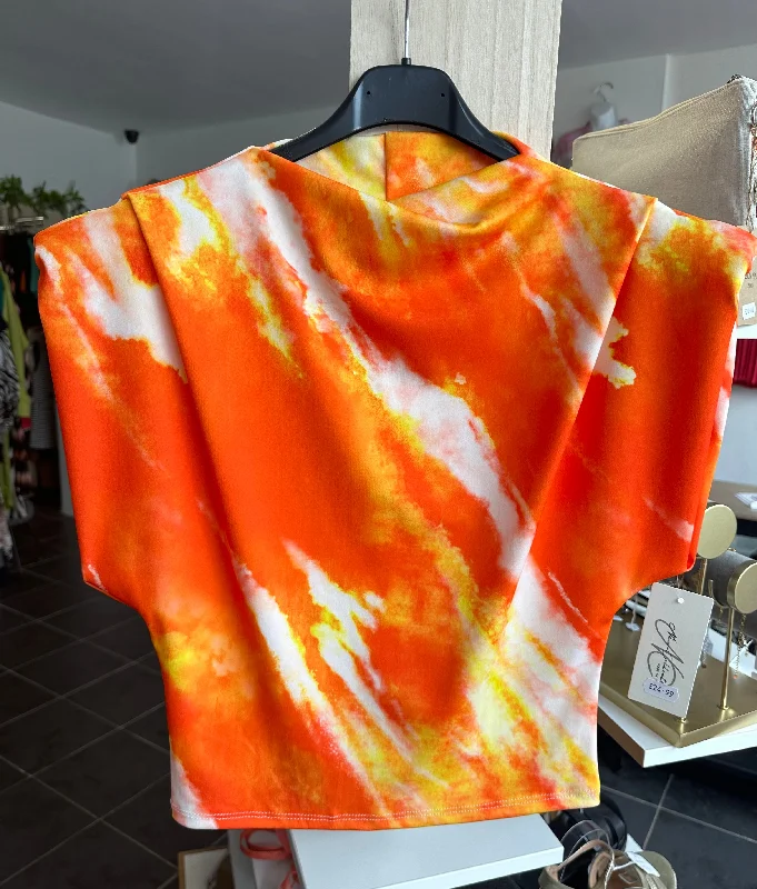 Orange abstract padded shoulder crop top Satin Fabric Silk Fabric Chiffon Fabric