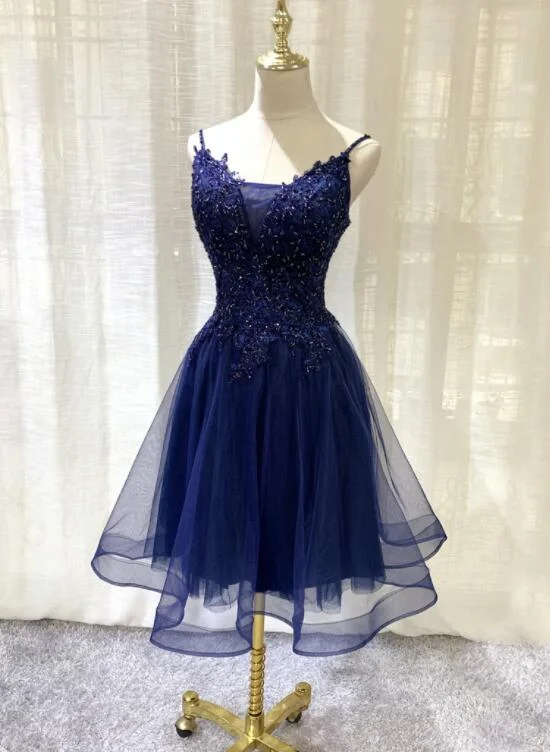 Navy Blue V-Neckline Tulle Short Homecoming Dress, Lace Applique Short Party Dress  gh154 Tunics Fleece cozy