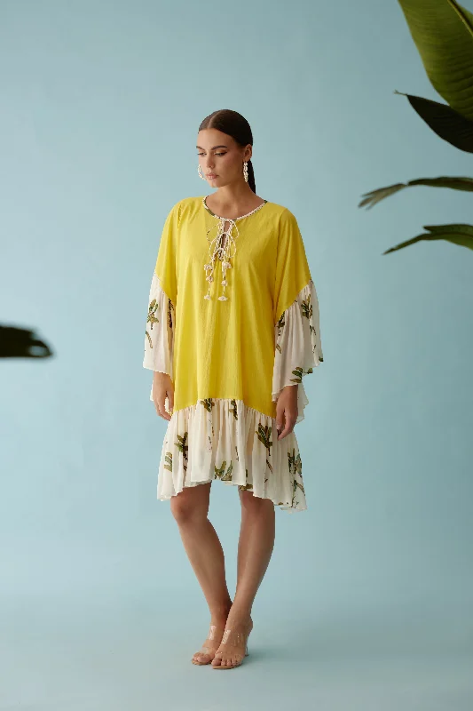 Yellow Banana Tree Print Frill Dress Tunics stripes playful