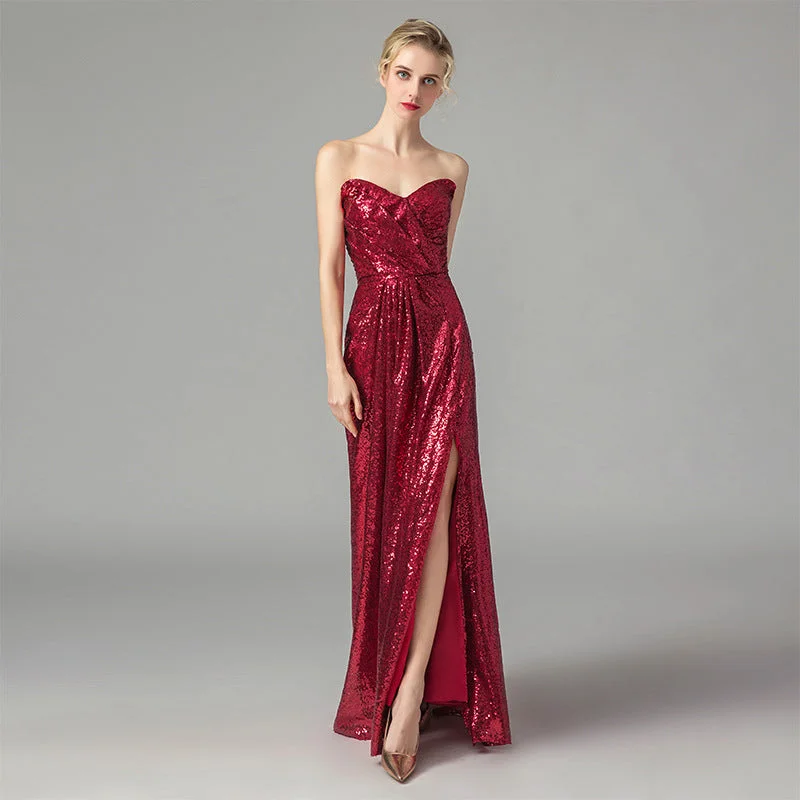 Sexy Women Red Strapless Long Evening Party Dresses Tunics Practical easy-care